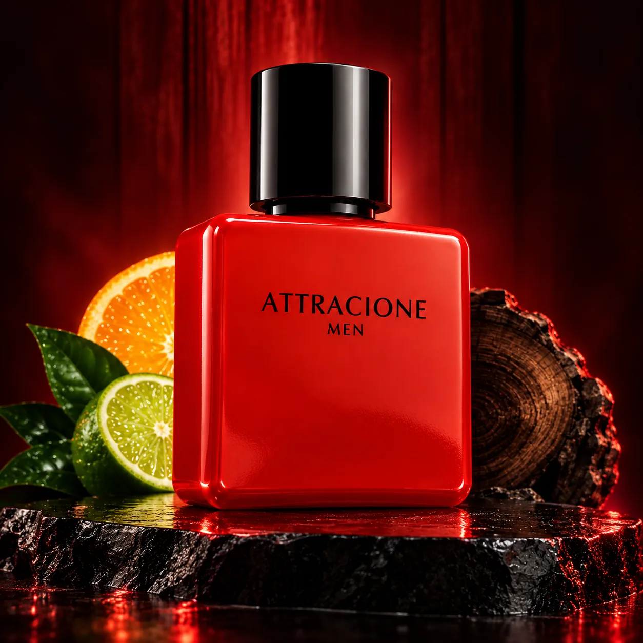 Frasco vermelho do perfume Attracione Men com frutas cítricas e madeira